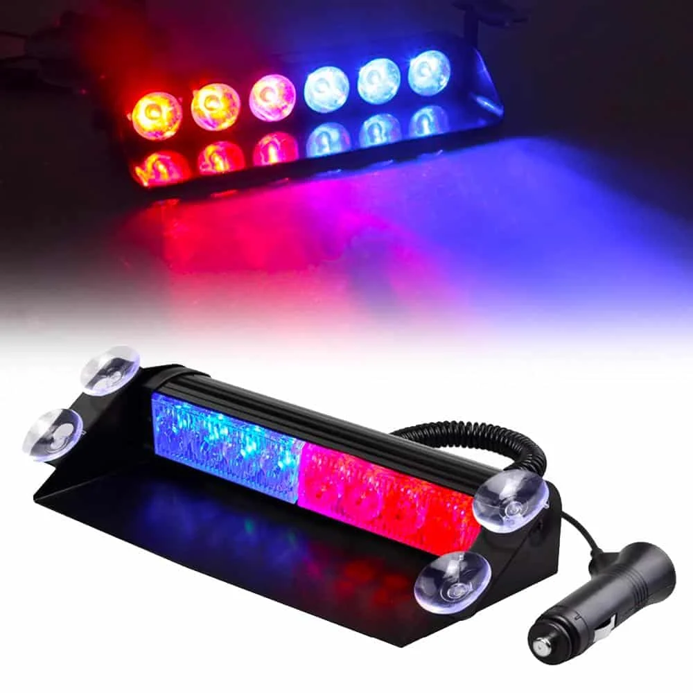 Lampa stroboscopica pentru parbriz. montaj cu ventuze, culori Rosu Albastru, putere 8W, alimentare 12V