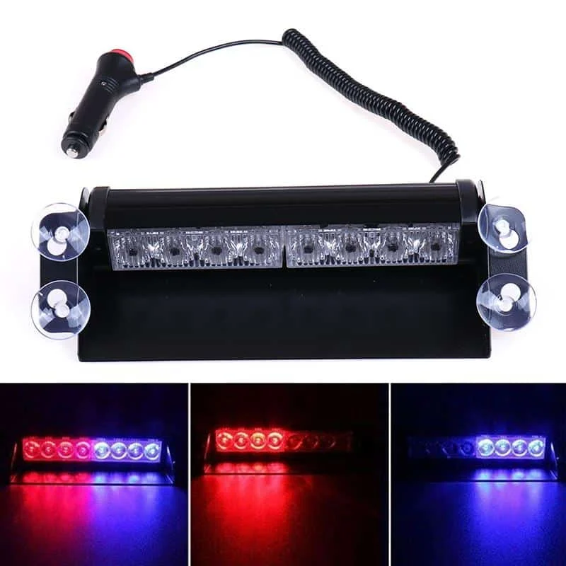 Lampa stroboscopica pentru parbriz. montaj cu ventuze, culori Rosu Albastru, putere 8W, alimentare 12V