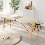 Masa de masaj pliabila, 2 zone, cadru lemn, spuma 5cm, inaltime 55-76cm, piele ecologica, dimensiuni 60x213cm, culoare Crem