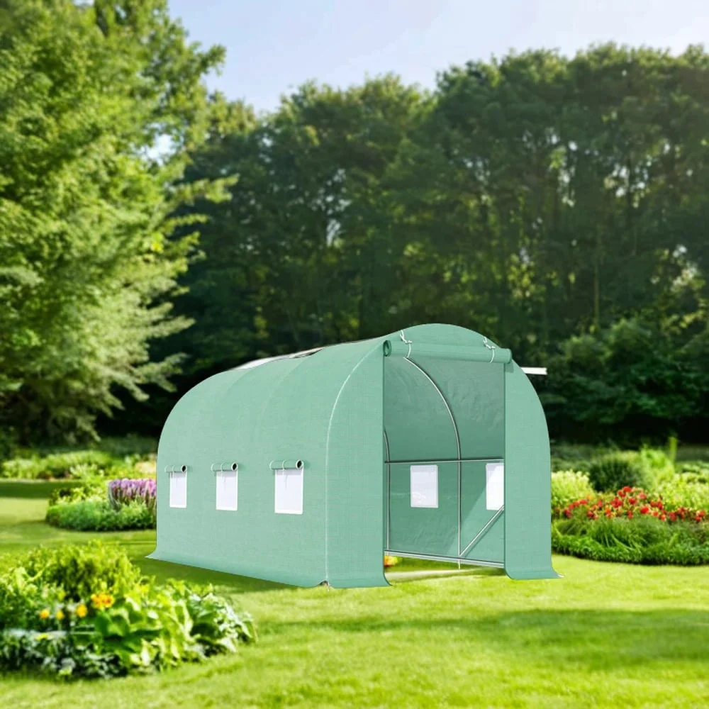 Solar de gradina, dimensiune 300x200x200cm, folie verde PE cu plasa 140g/mp UV, 1 usa, 6 ferestre, teava otel galvanizat de 19mm