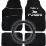 Set Auto Essential AVEX – 5 piese, Covorase Universale Mocheta + Husa Volan Piele Ecologica Perforata, Negru