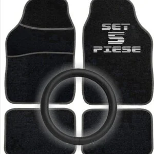 Set Auto Essential AVEX – 5 piese, Covorase Universale Mocheta + Husa Volan Piele Ecologica Perforata, Negru