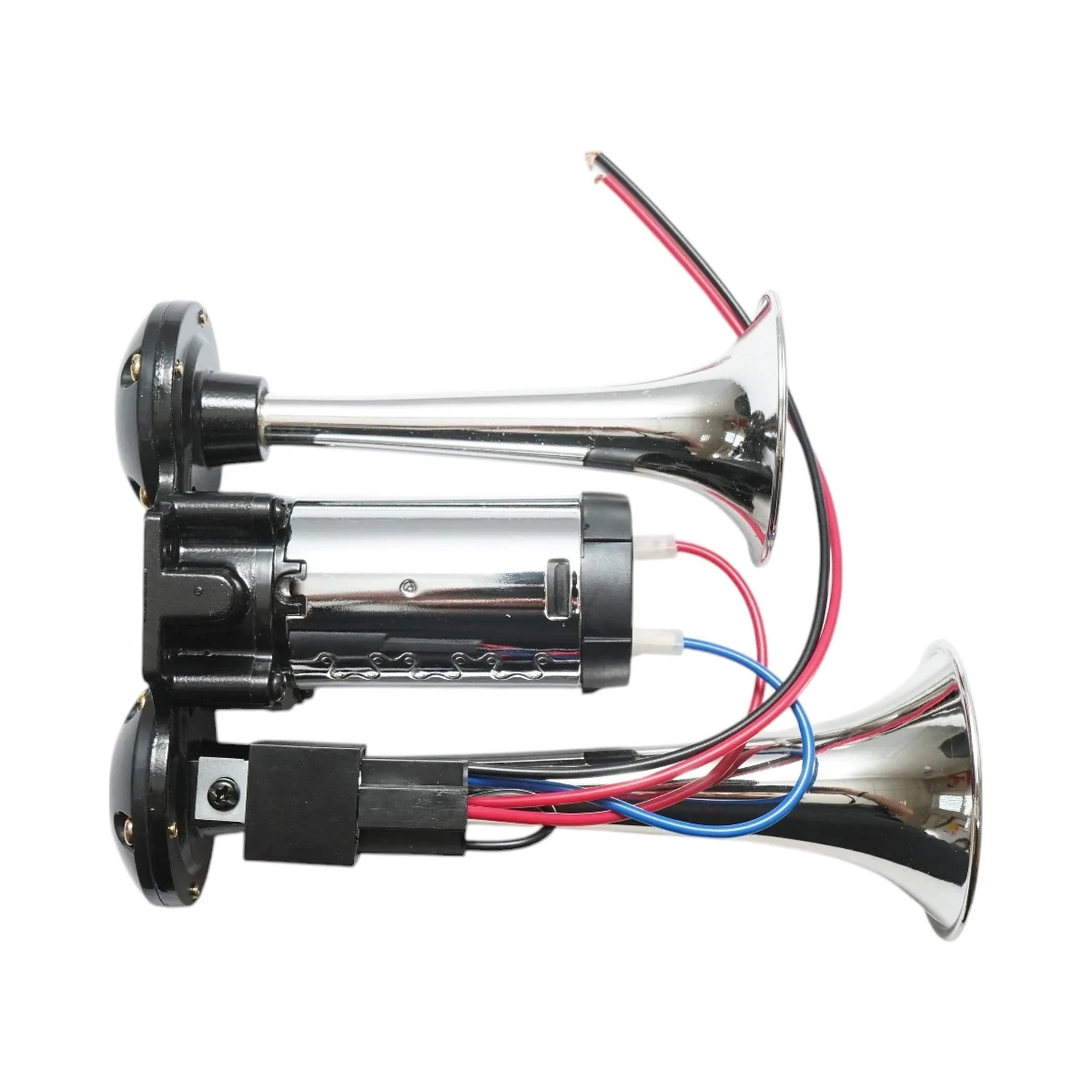 Claxon bitonal cu 2 goarne, Super Puternic, 178db, alimentare 12V cu compresor electric inclus, culoare Crom/Negru