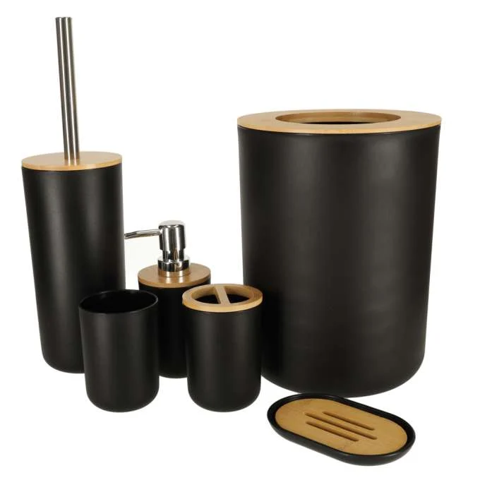 AVEX – Set Elegant pentru baie format din 6 piese, ABS + lemn, culoare negru/maro